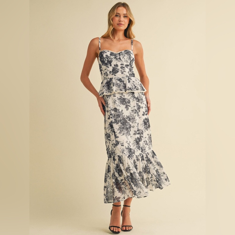 Floral Peplum Midi Dress in White , Gray and Black - Picture 1 of 3